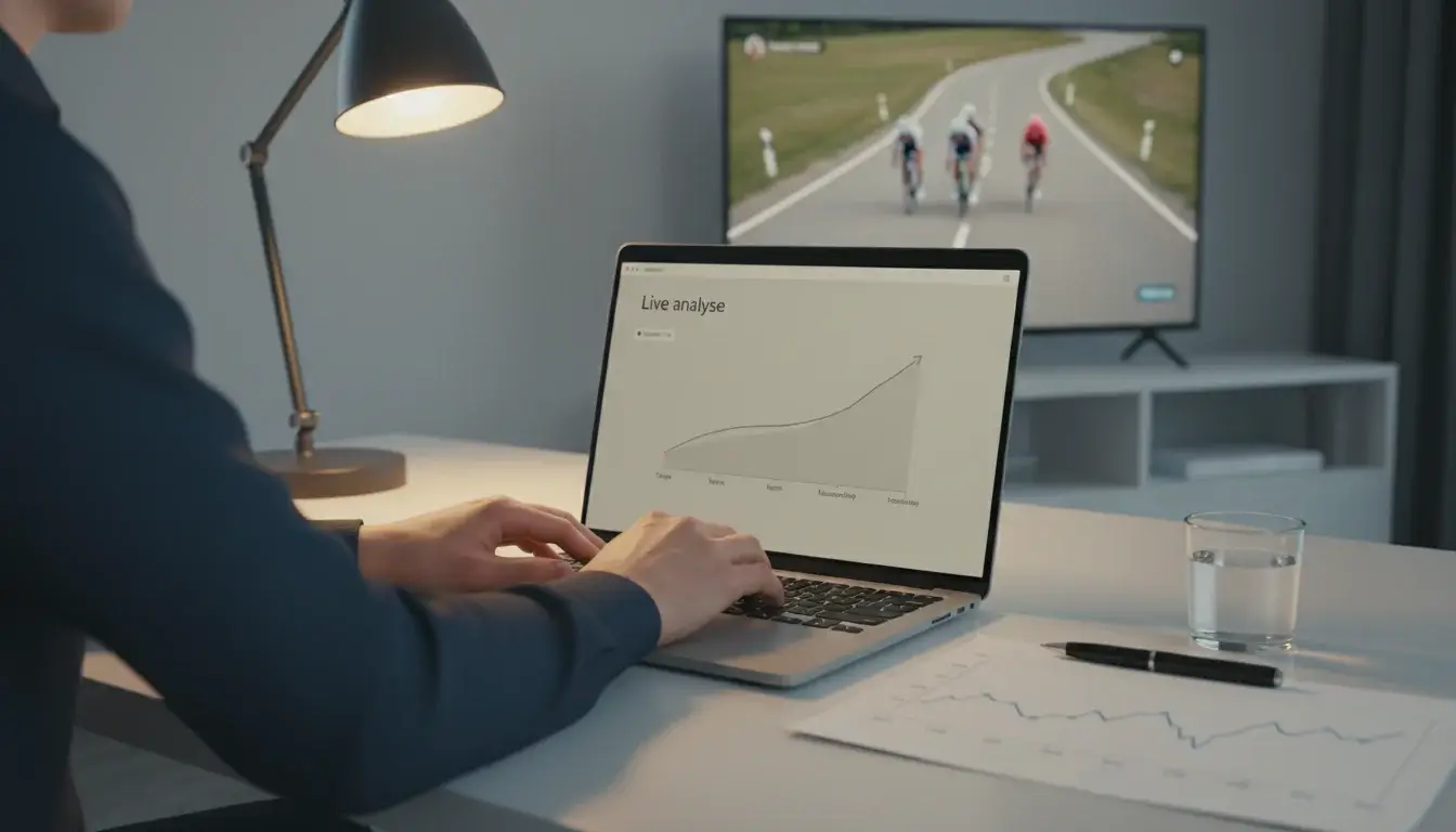 Wielerfan analyseert koersverloop en quoteringen op een laptop naast een tv-uitzending