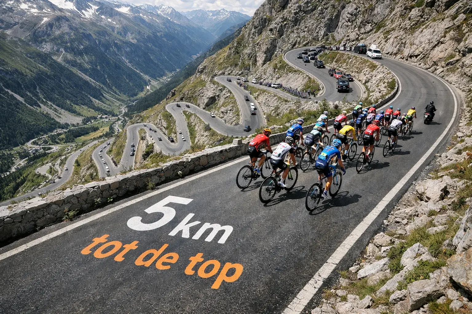 Wielrenners beklimmen een Alpenpas tijdens een grote ronde met publiek langs de weg