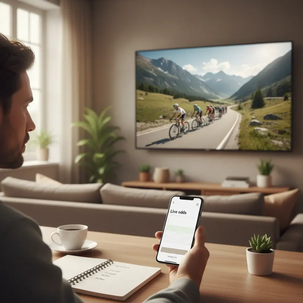 Wielrenner bekijkt live odds op een scherm tijdens het volgen van een wielerwedstrijd