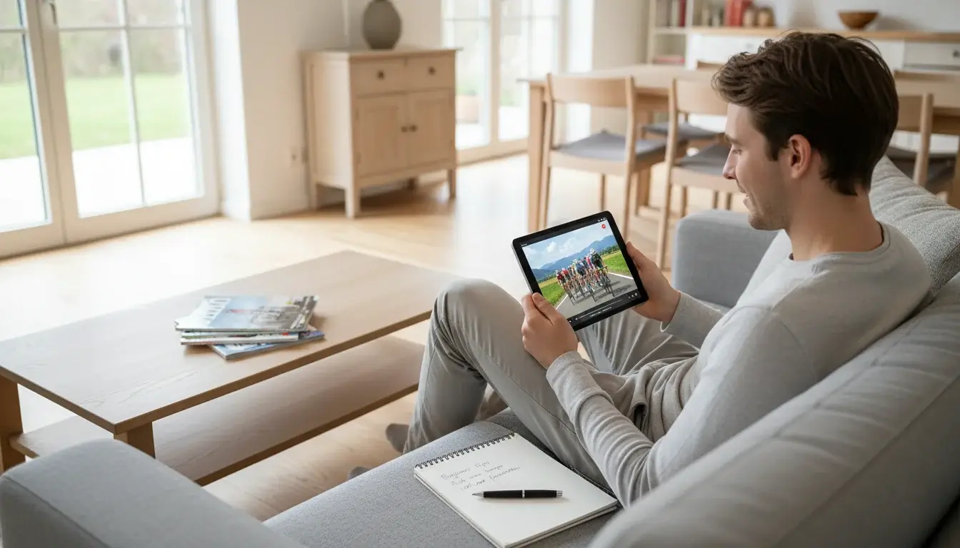 Beginnende wielrenwedder volgt een koersuitzending op tablet met notitieblok ernaast