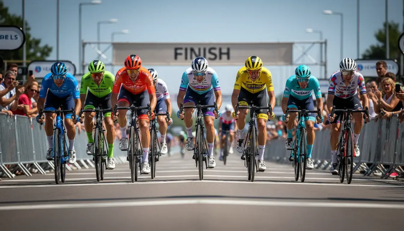 Peloton in een massasprint op een vlakke etappe met wielrenners in volle inspanning